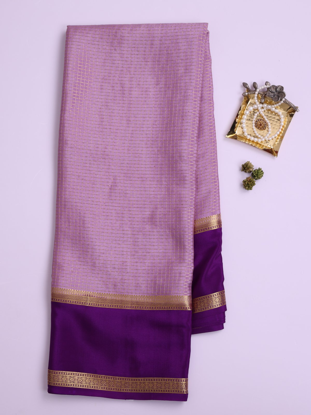 Lavender Zari Checked Mysore Silk Saree With Violet Border