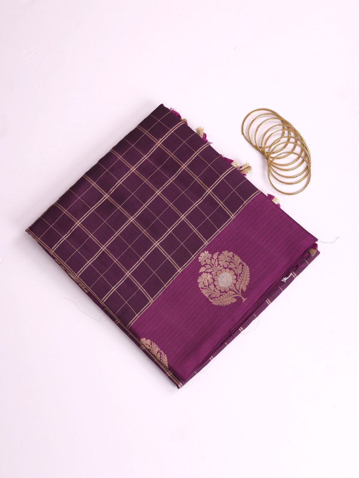 Dark Purple Zari Checked Mashru Silk Saree With Satin Border