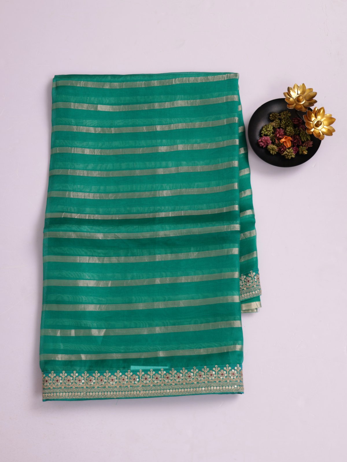 Green Zari Striped Organza Silk Saree With Embroidered Border