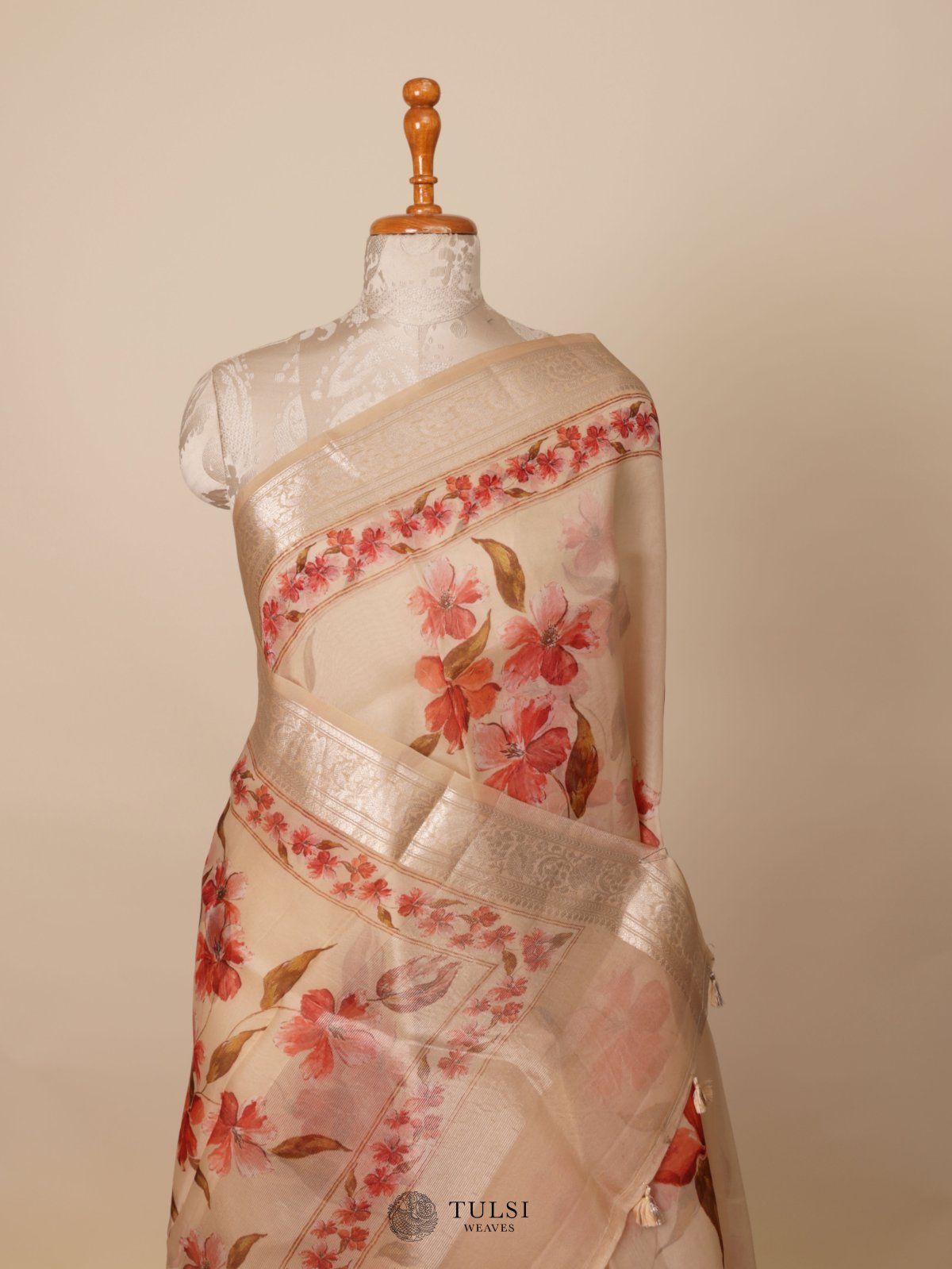 Beige Floral Printed Organza Silk Saree