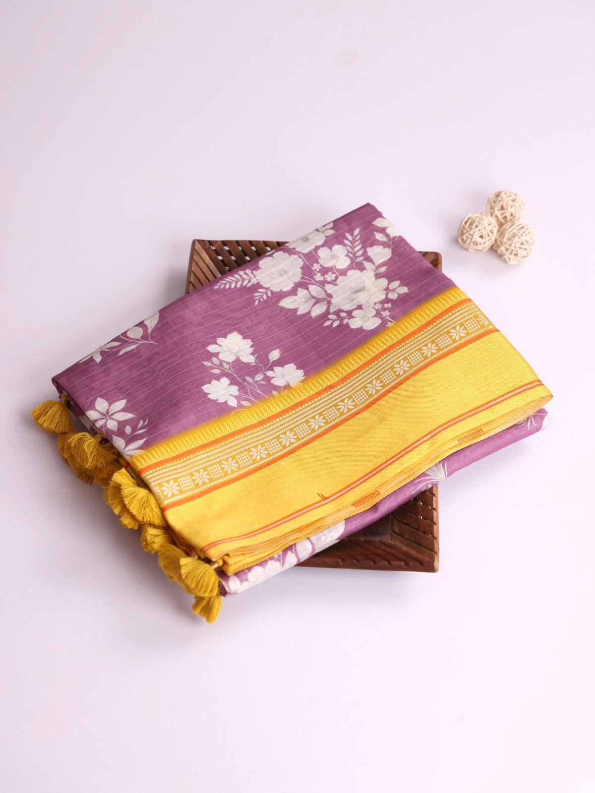 Lavender Printed Chanderi Cotton Saree With Yellow Vidarbha Border