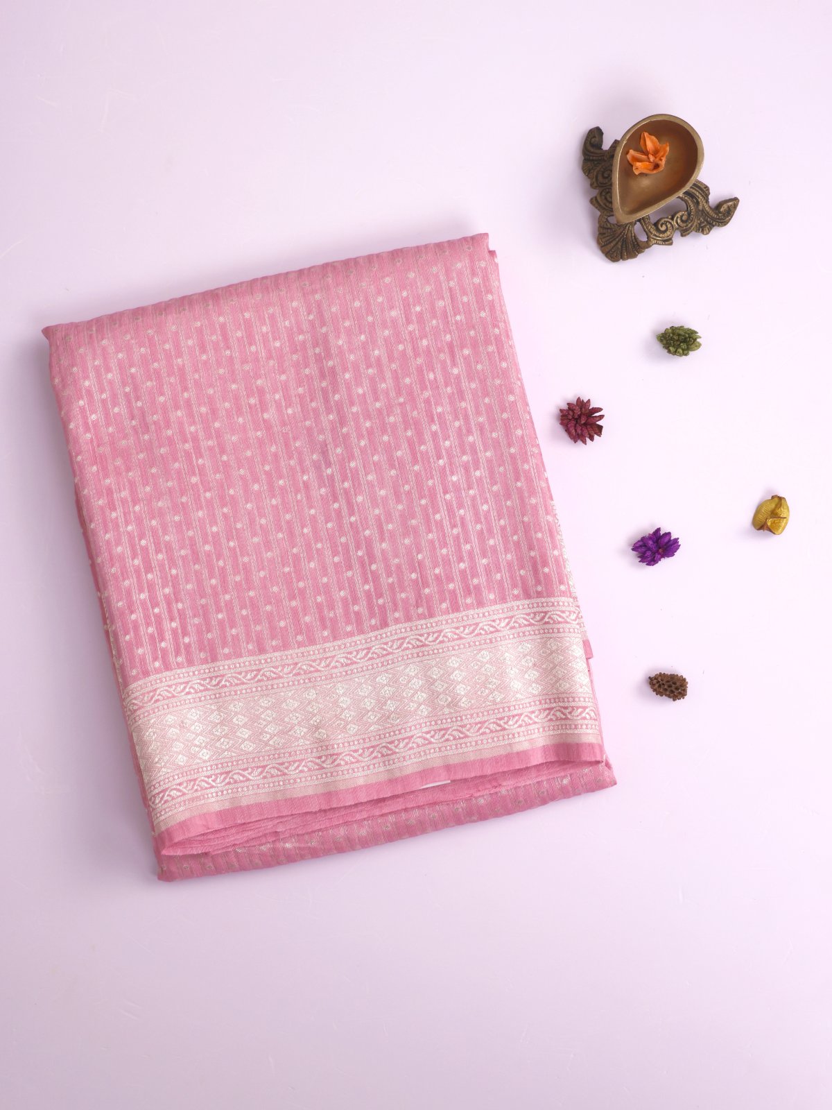 Light Pink Linen Saree With Zari Border