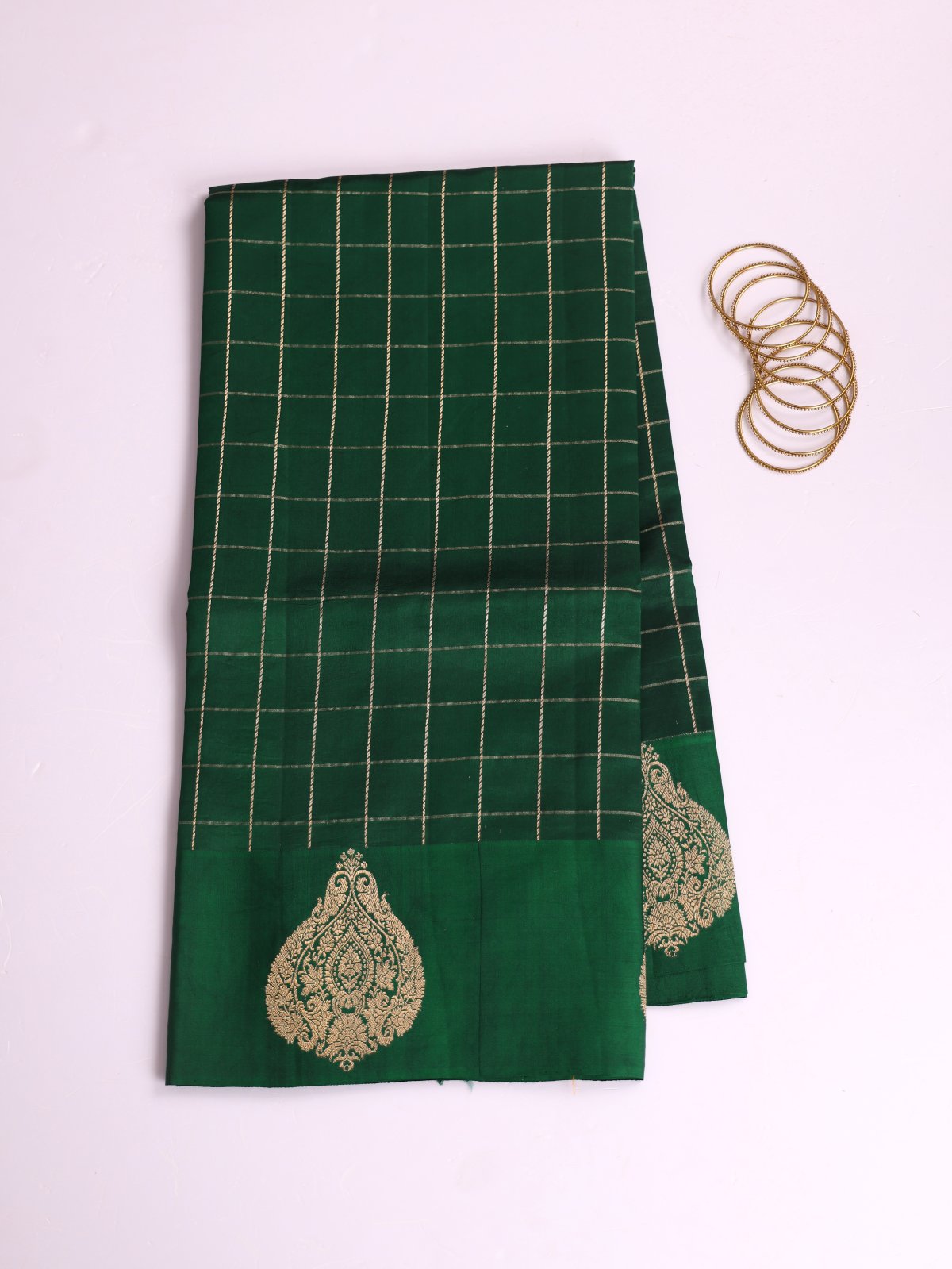 Bottle Green Zari Checked Mashru Silk Saree With Satin Border