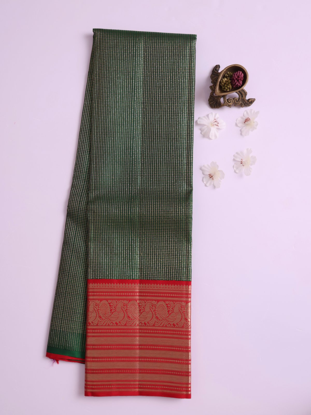 Dark Green Checked Kanjeevaram Silk Pavadai with Red Border