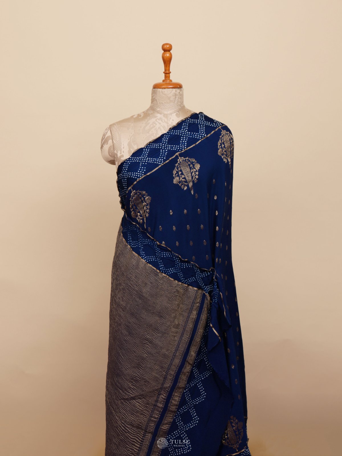 Navy Blue Mashru Bandhini Silk Saree