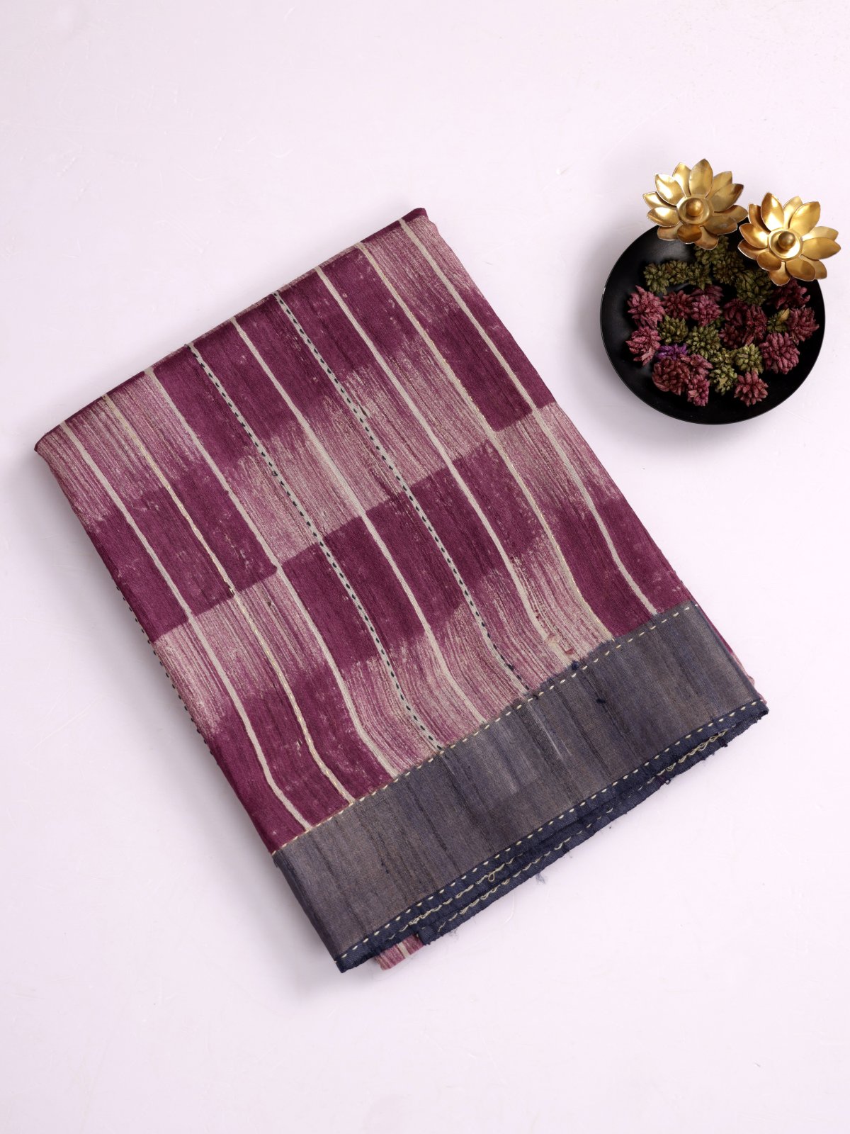 Purple Striped Printed Tussar Silk Saree with Kantha Embroidery