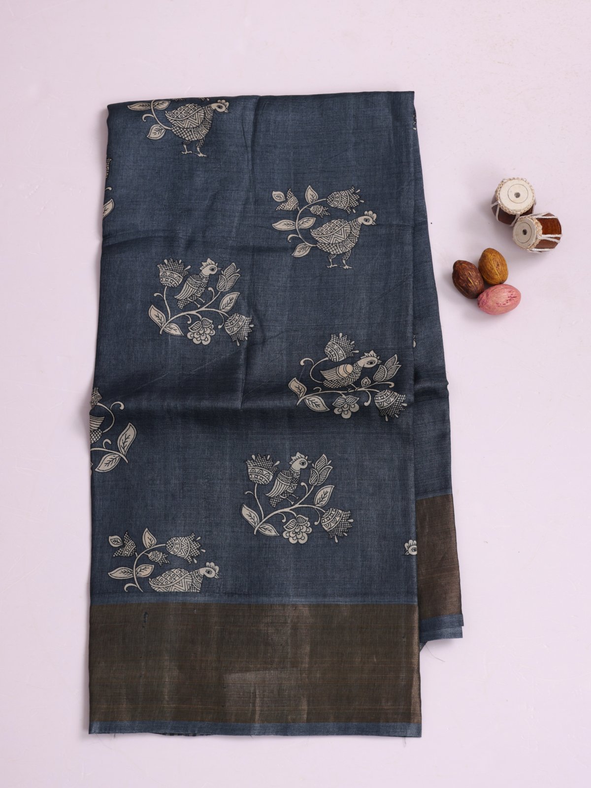 Greyish Blue Printed Tussar Silk Saree With Tissue Border