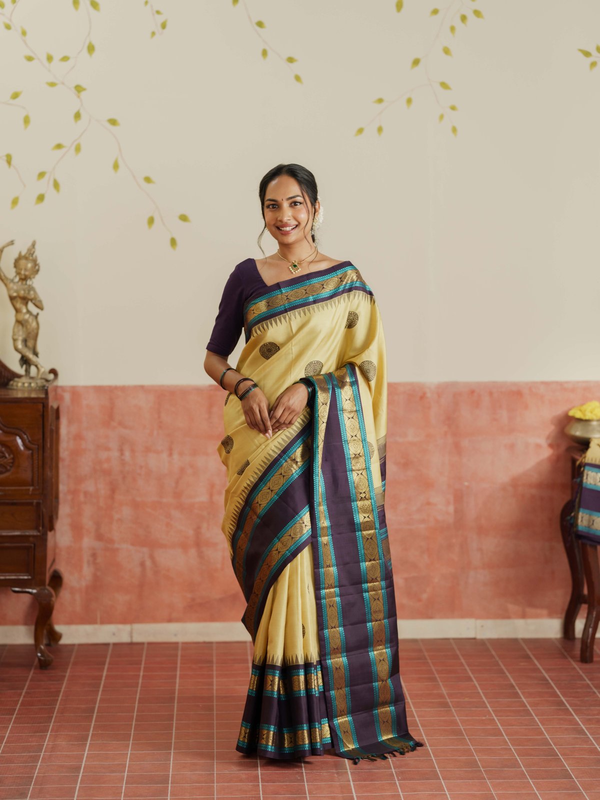 Vintage 91 - Pastel Yellow Kanjeevaram Silk Saree With Dark Purplish Blue Border