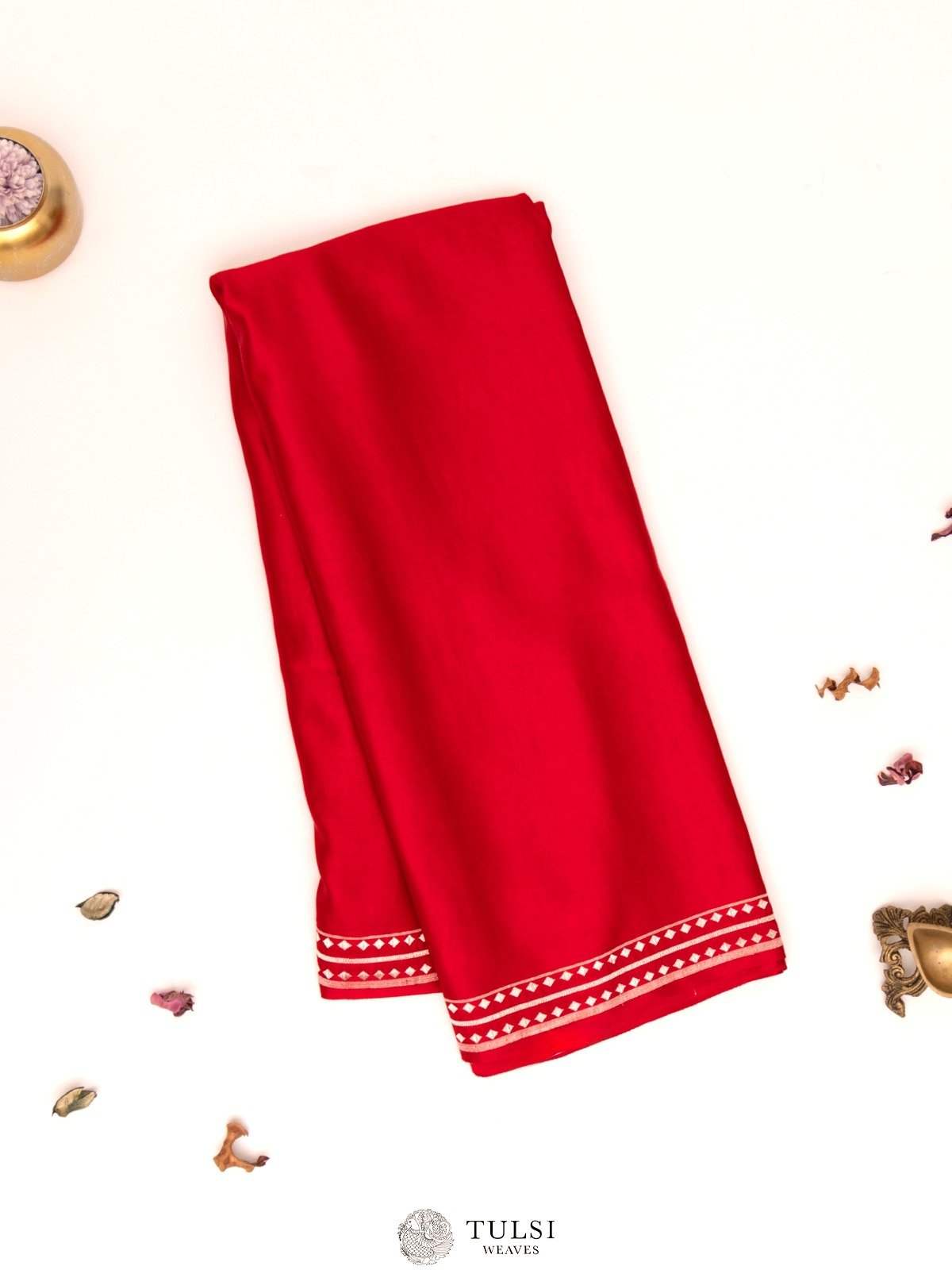 Red Mashru Silk Saree with Geometric Zari Border