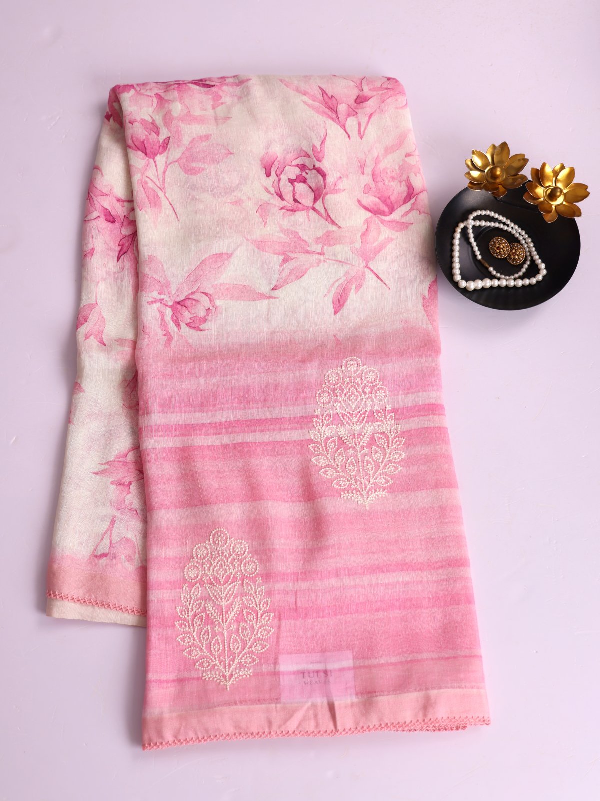 Off- White Printed Linen Saree With Pink Embroidered Border