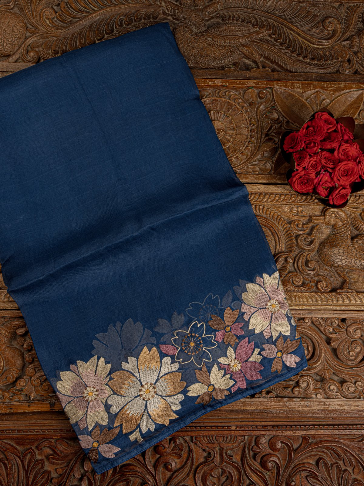Blue Organza Saree With Floral Embroidered Border