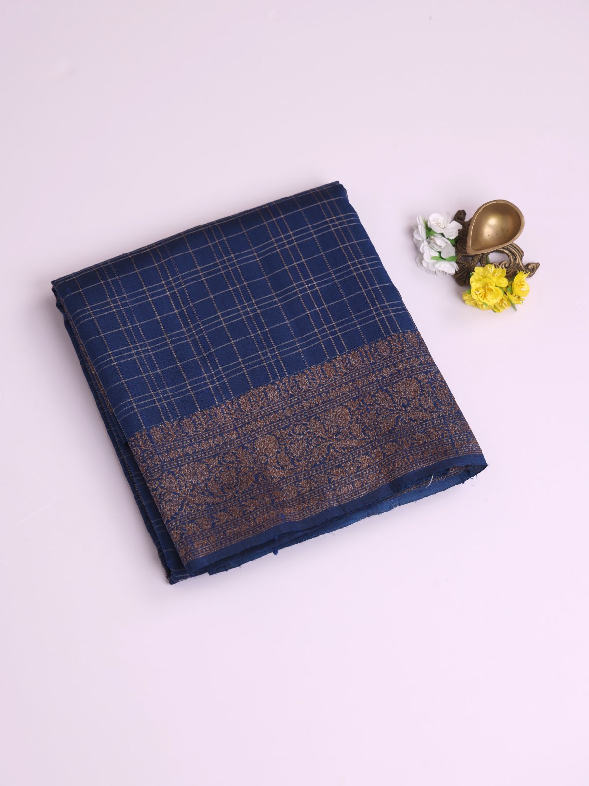 Blue Checked Banaras Tussar Silk Saree 