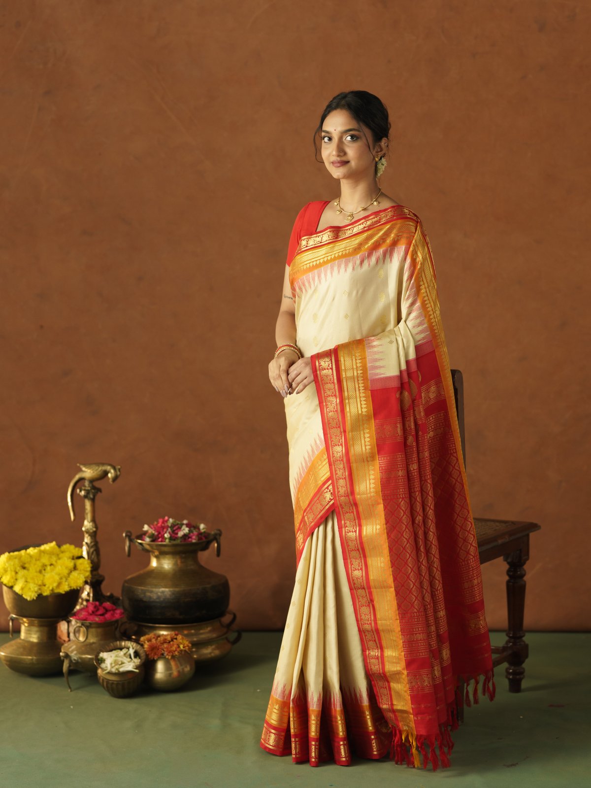 Beige Gadwal Silk Saree With Red And Orange Border