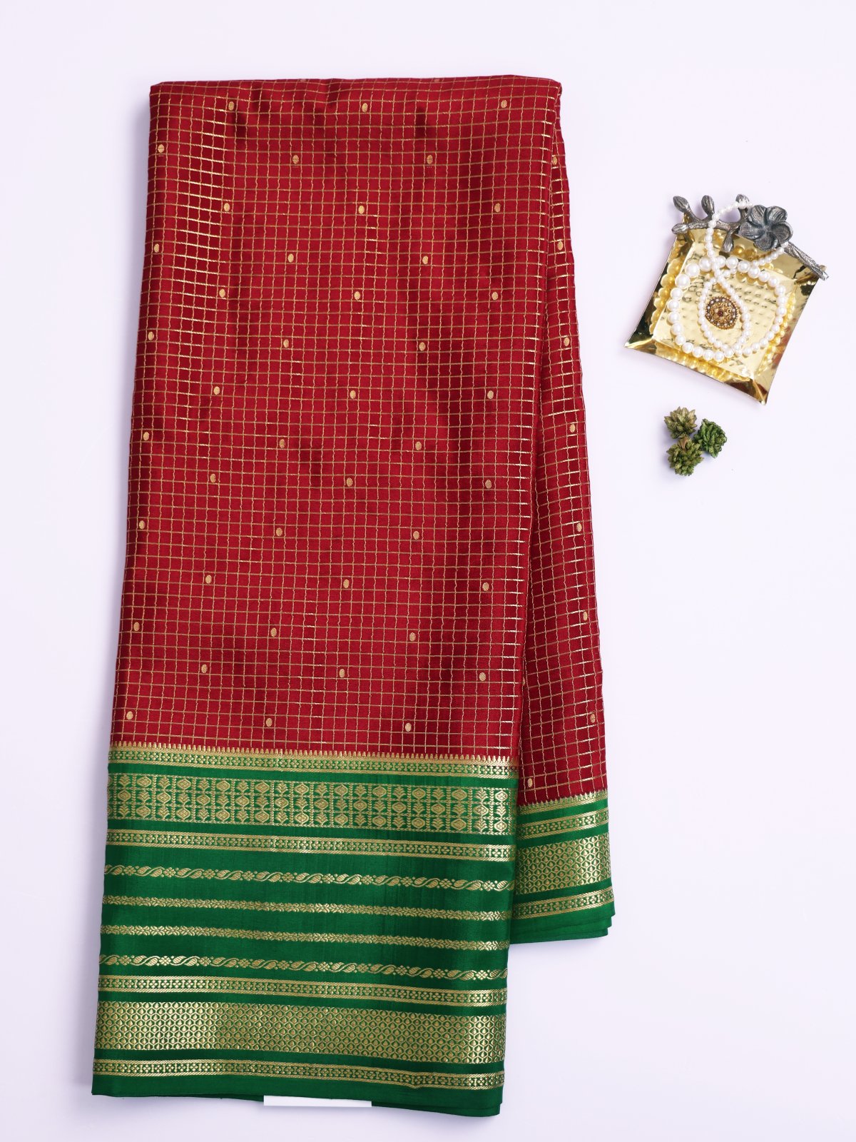 Maroon Zari Checked Mysore Silk Saree With Green Border
