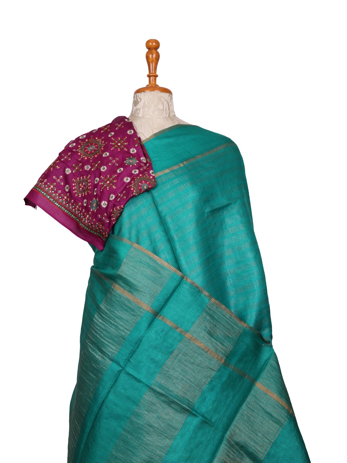 Peacock Green Tussar Silk Saree with Kutch Embroidered Blouse