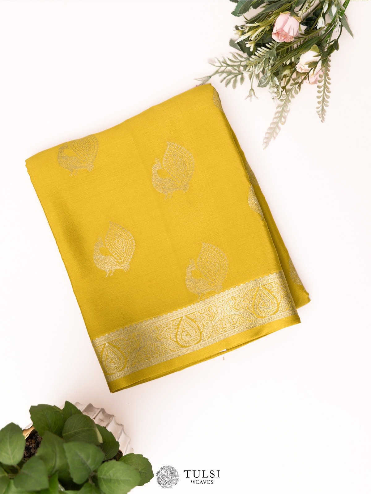 Greenish-Yellow Mysore Silk Saree with Self Zari Border