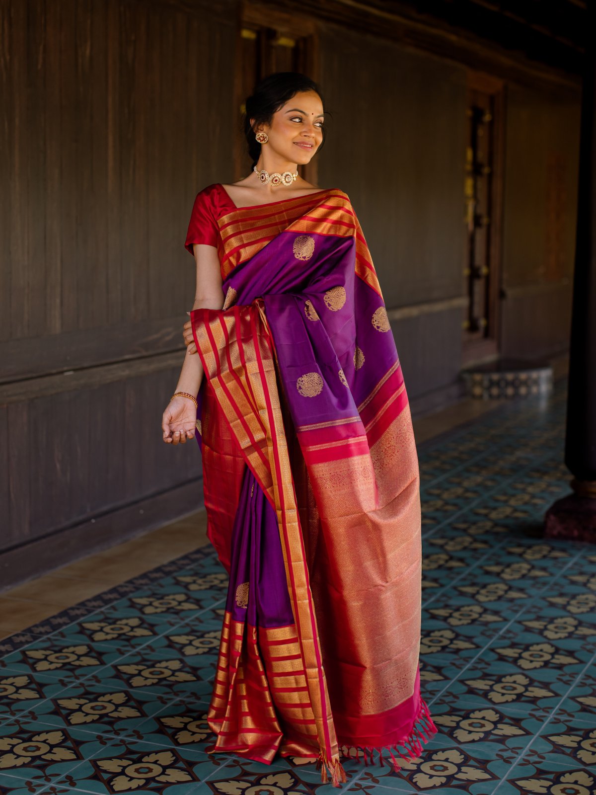 Purple Kanjeevaram Silk Saree With Red Border