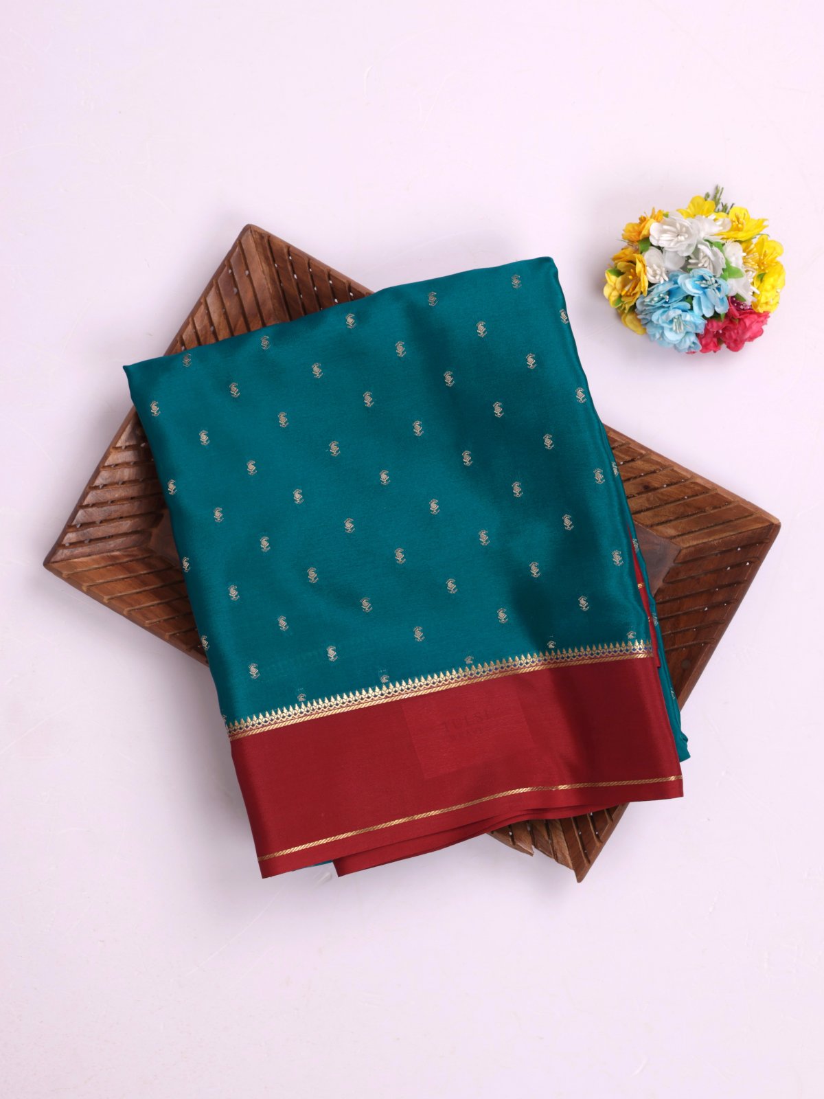 Teal Blue Mysore Silk Saree With Araku Border