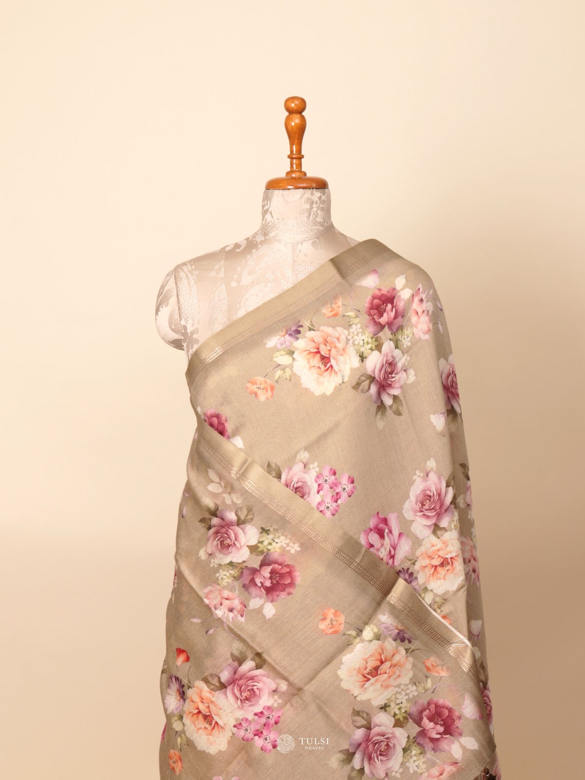 Khaki Printed Munga Tussar Silk Saree