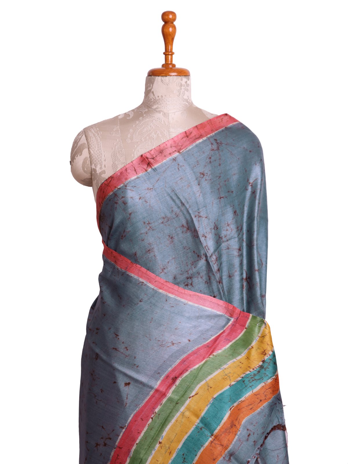 Greyish Blue Batik Printed Tussar Silk Saree