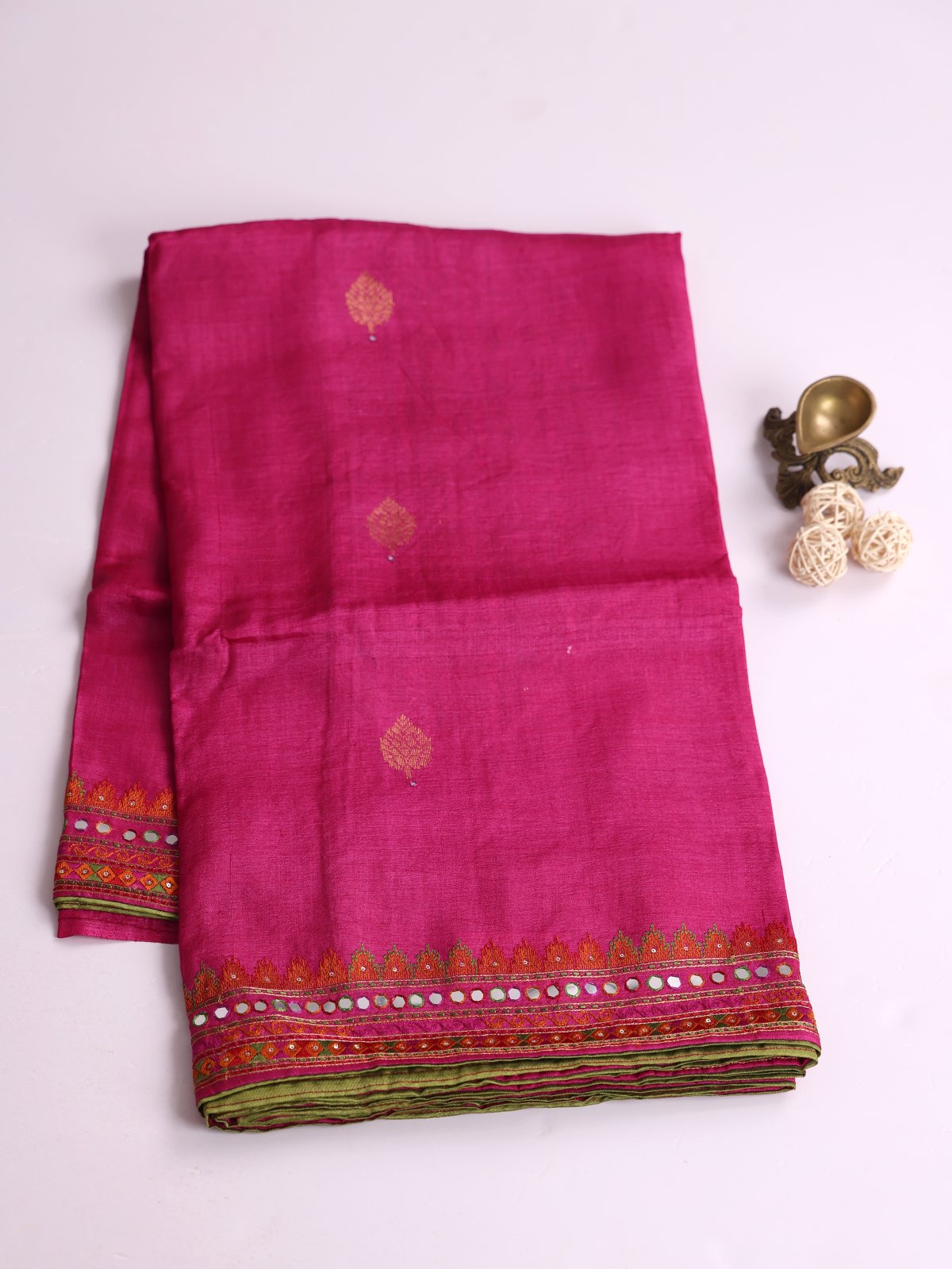 Magenta Pink Tussar Silk Saree With Embroidered Border