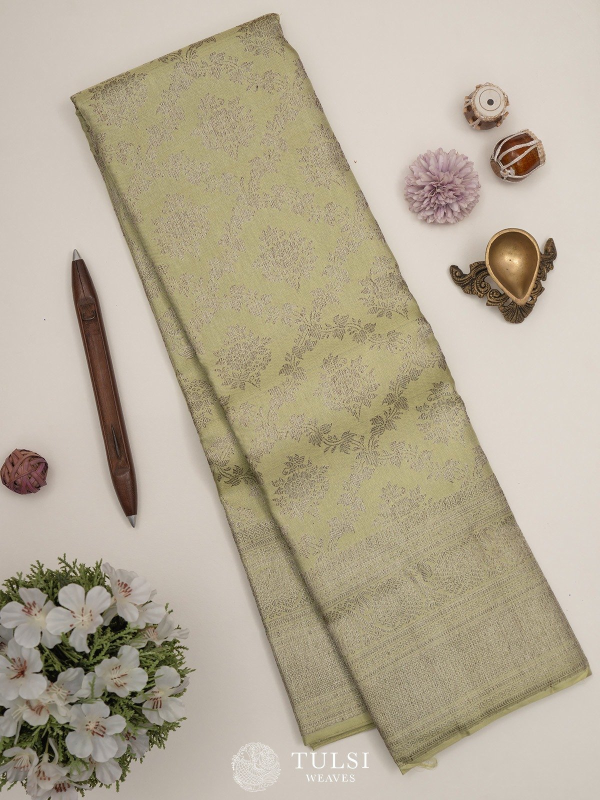 Sap Green Kanjeevaram Silk Saree with Antique zari