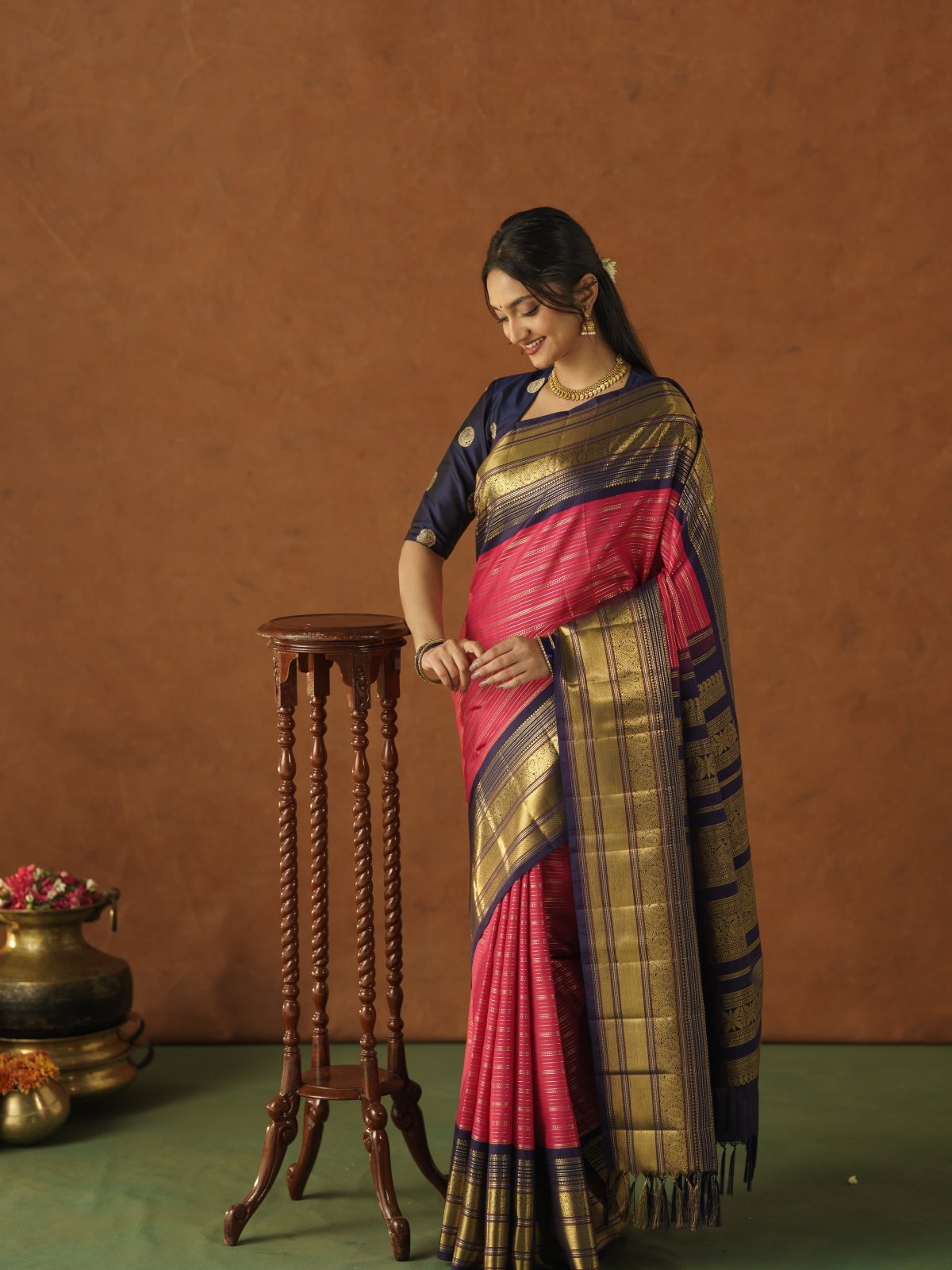  Dark Pink Kanjeevaram Silk Saree With Dark Blue Border