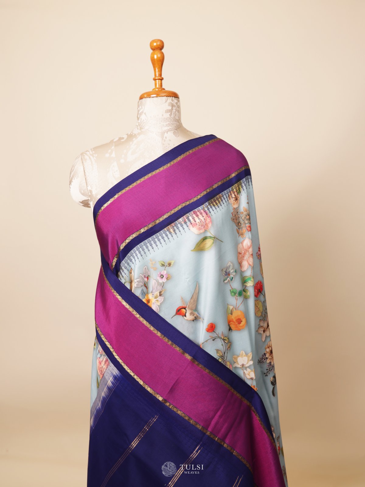 Light Blue Pink Printed Kanjeevaram Silk Saree