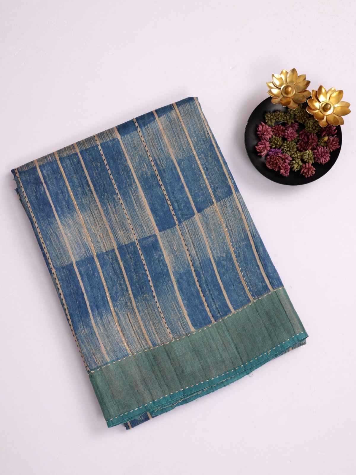 Blue Striped Printed Tussar Silk Saree With Kantha Embroidery