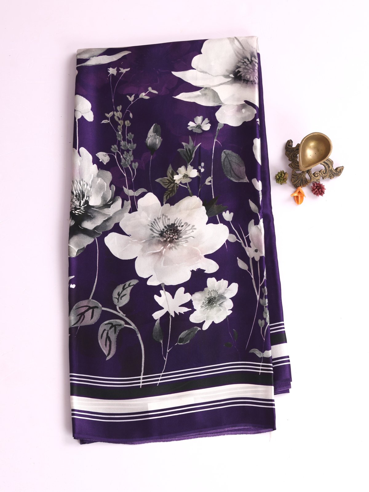 Deep Violet Printed Satin Silk Saree