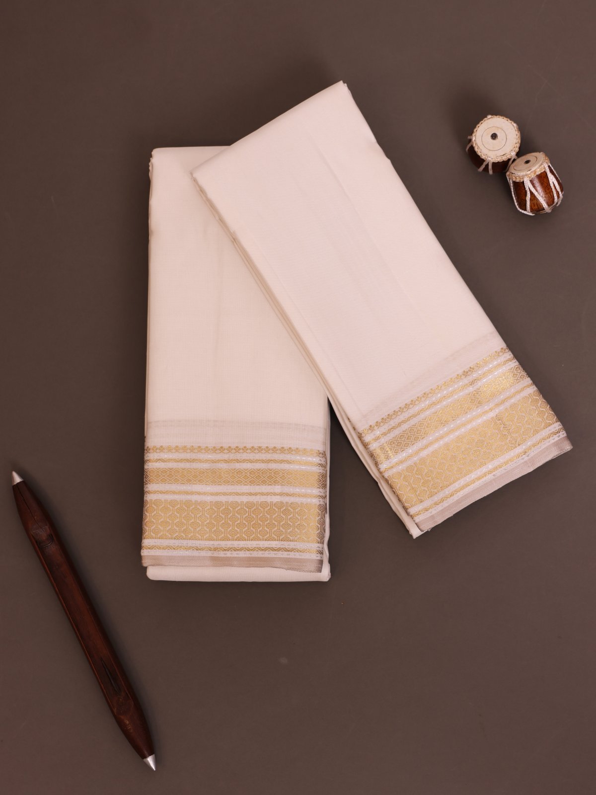 Off White Silk Dhoti And Vasthram With Grey Selvedge