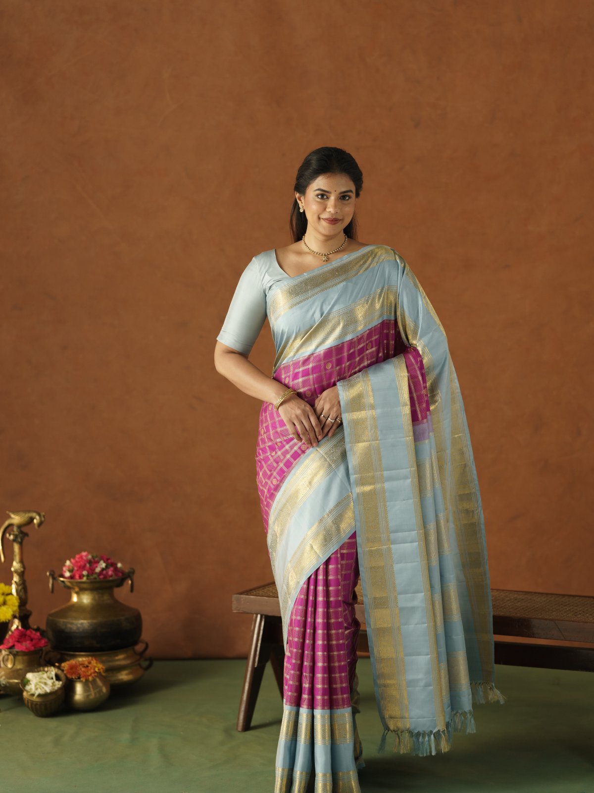 Purple Checked Kanjeevaram Silk Saree With Grayish Blue Border