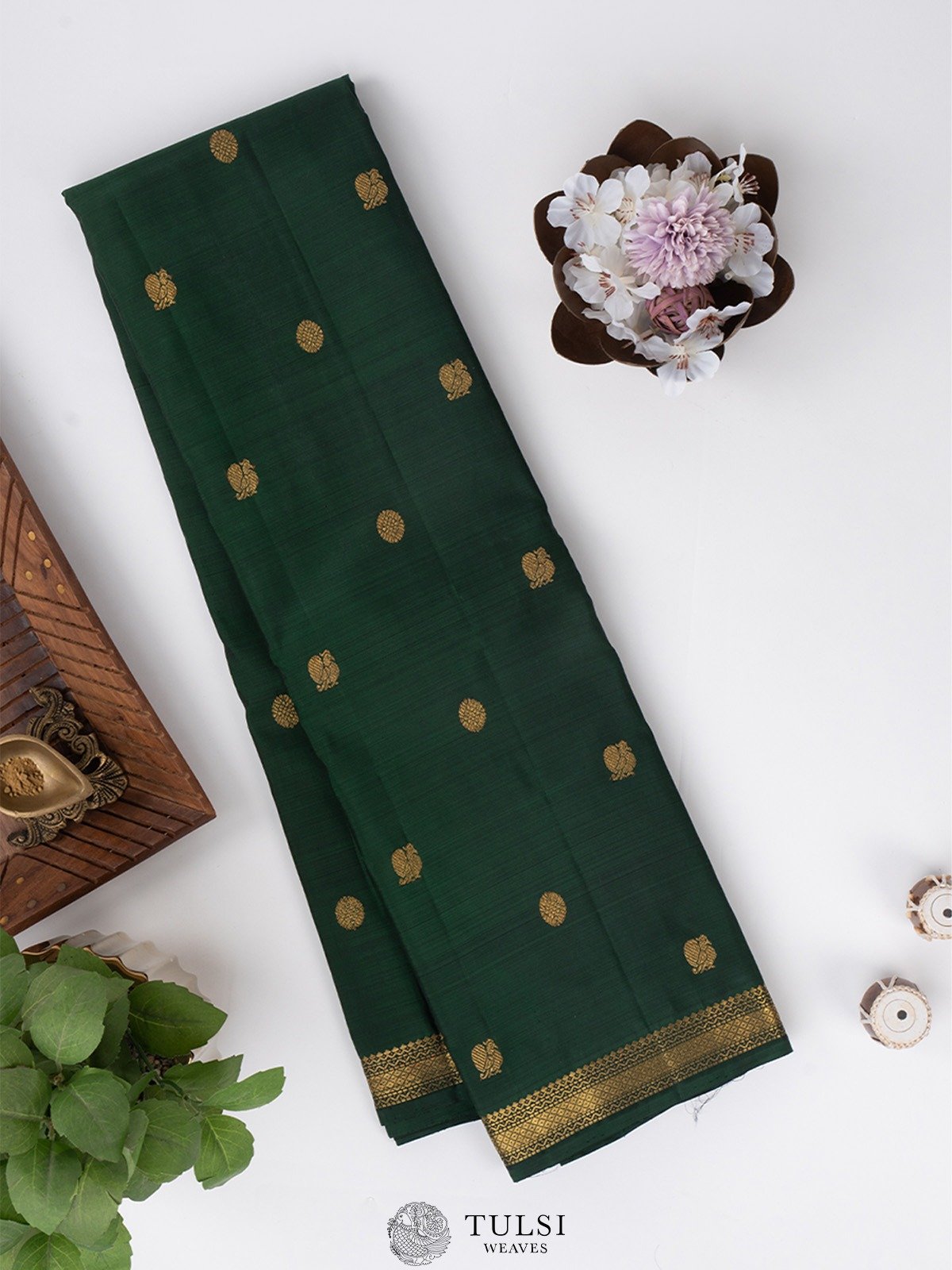 Dark Green Kanjeevaram Silk Saree with Multi color Striped Blouse