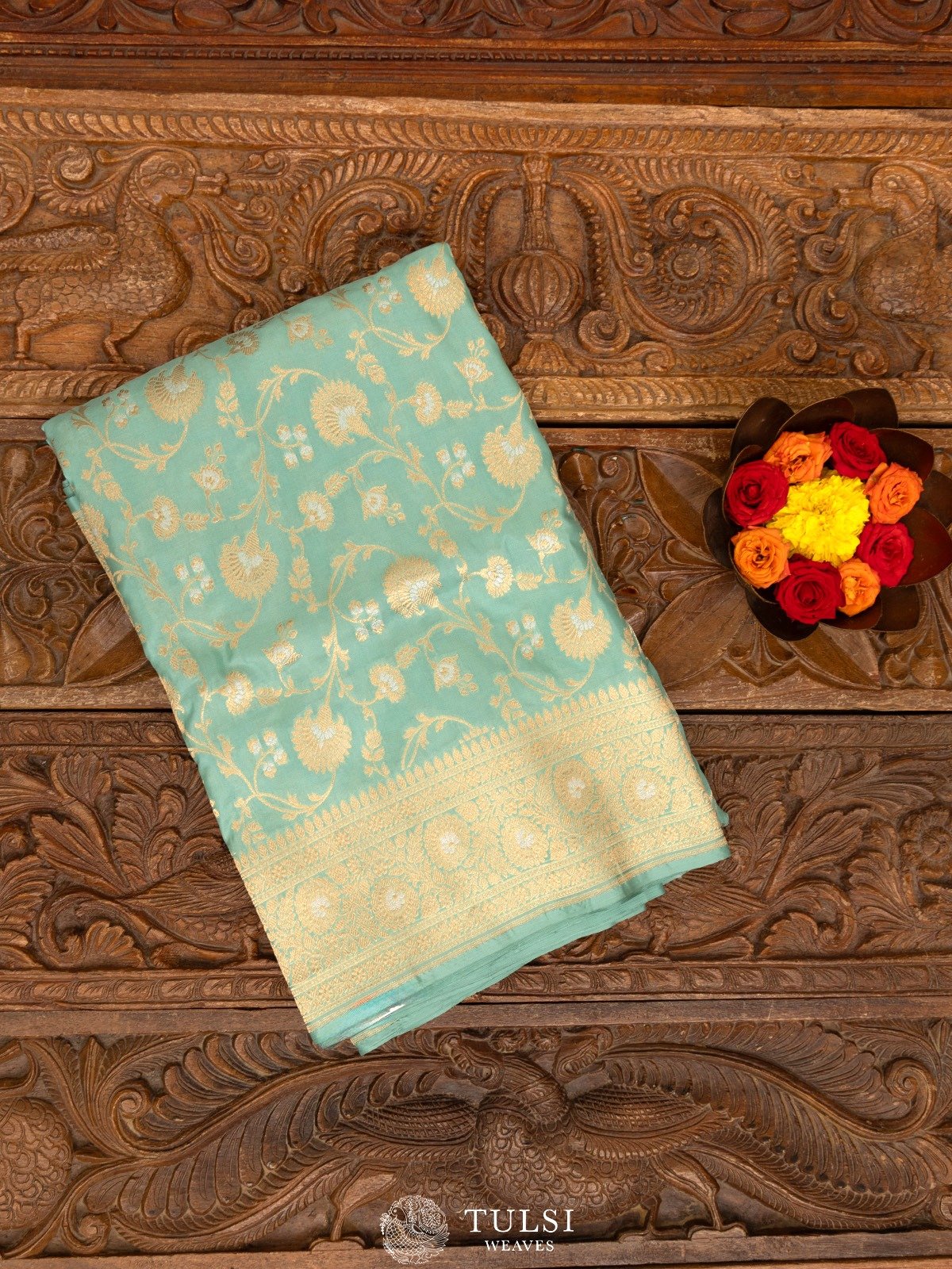 Light Teal Green Banaras Silk Saree