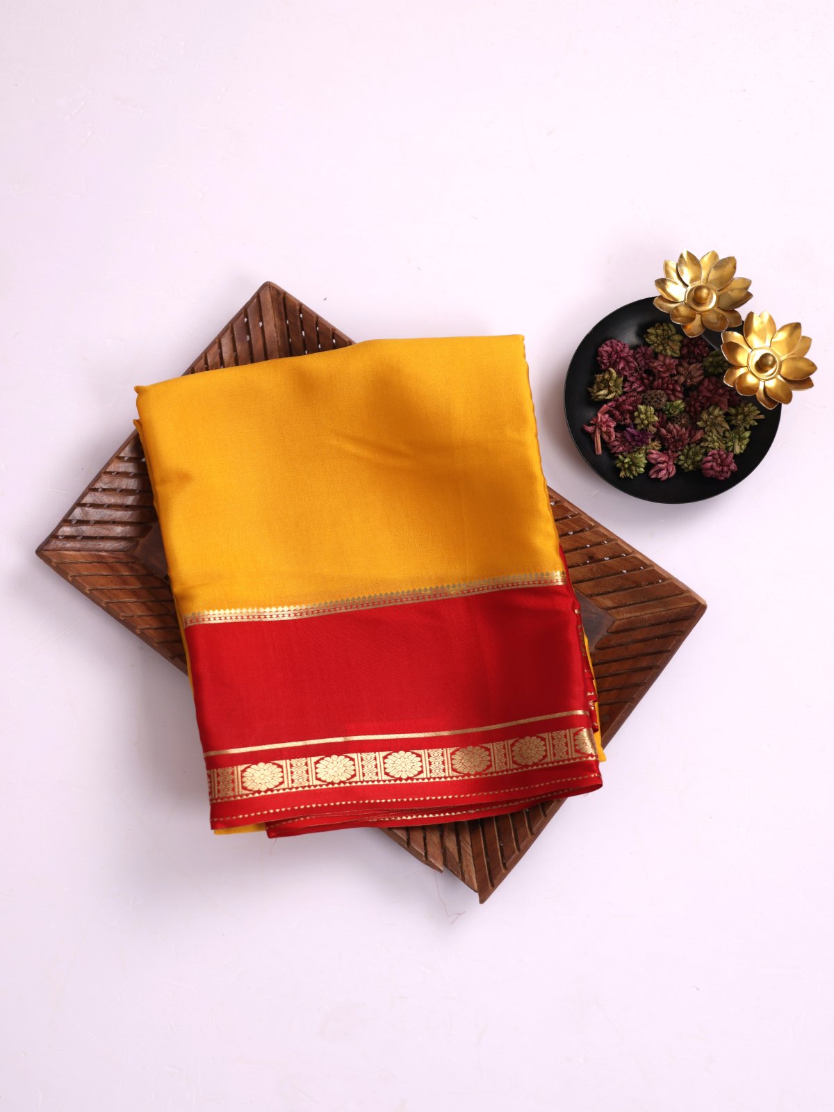 Mustard Yellow Mysore Crepe Silk Saree With Red Border 