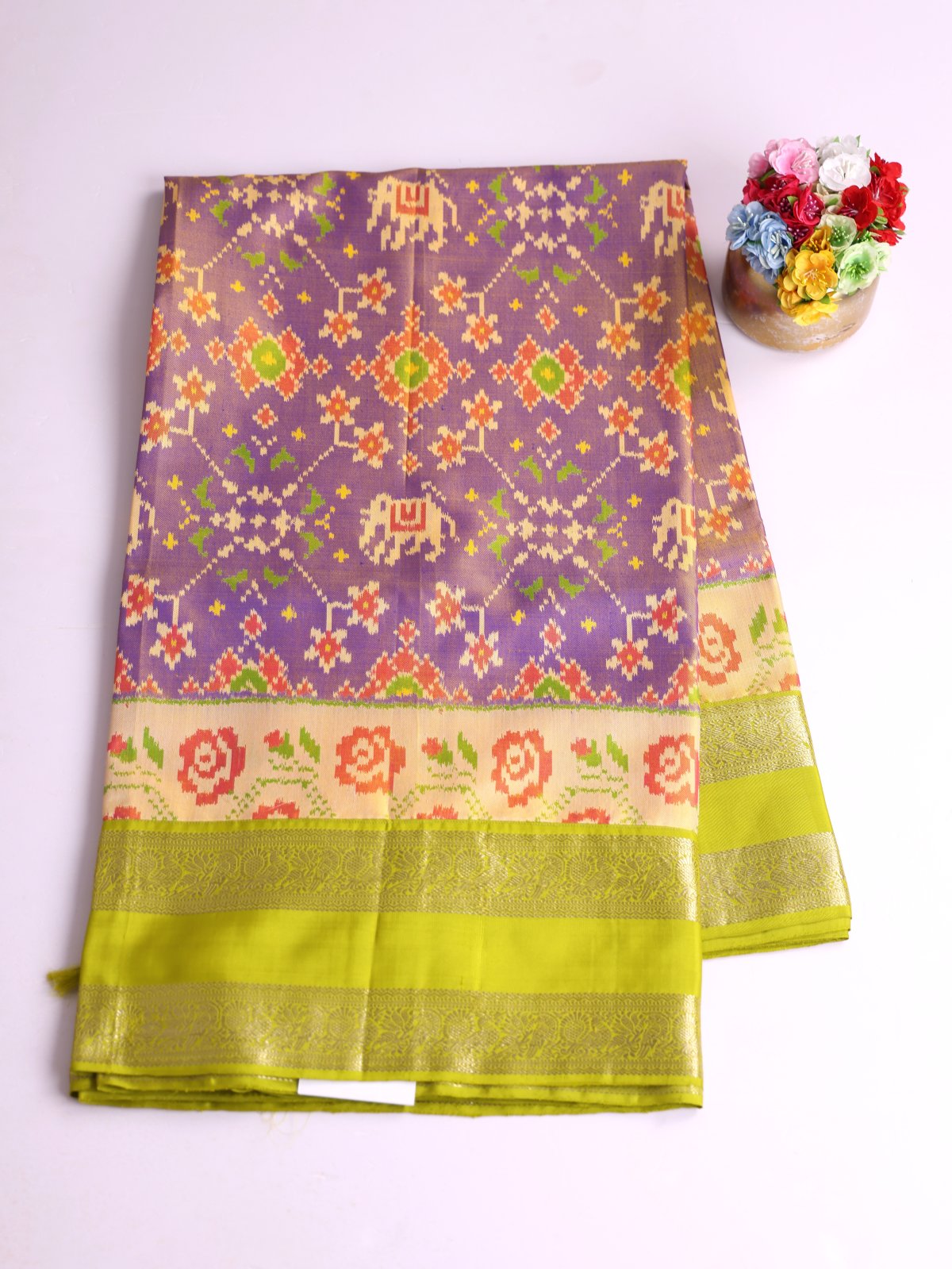 Mauve Purple Patola Silk Saree With Yellowish Green Kanjeevaram Zari Border
