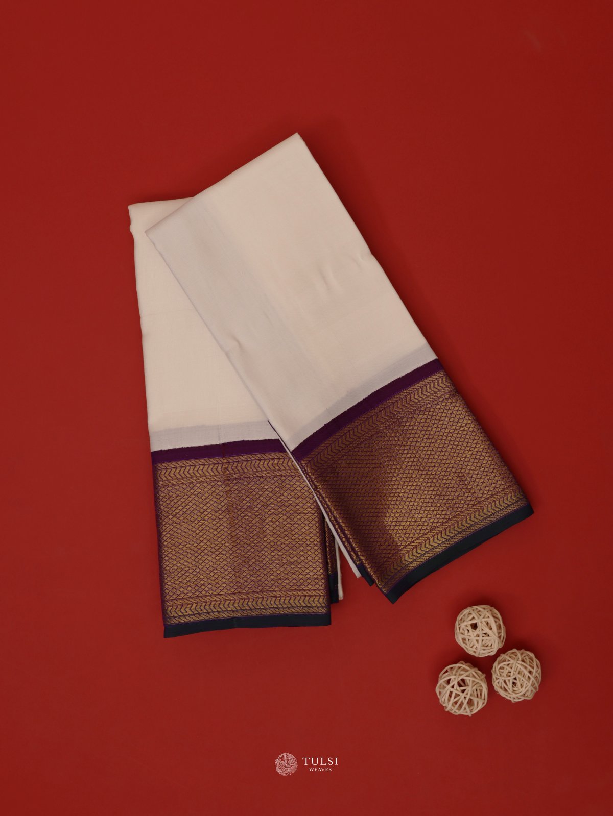 White Silk Dhoti with Violet Korvai Border