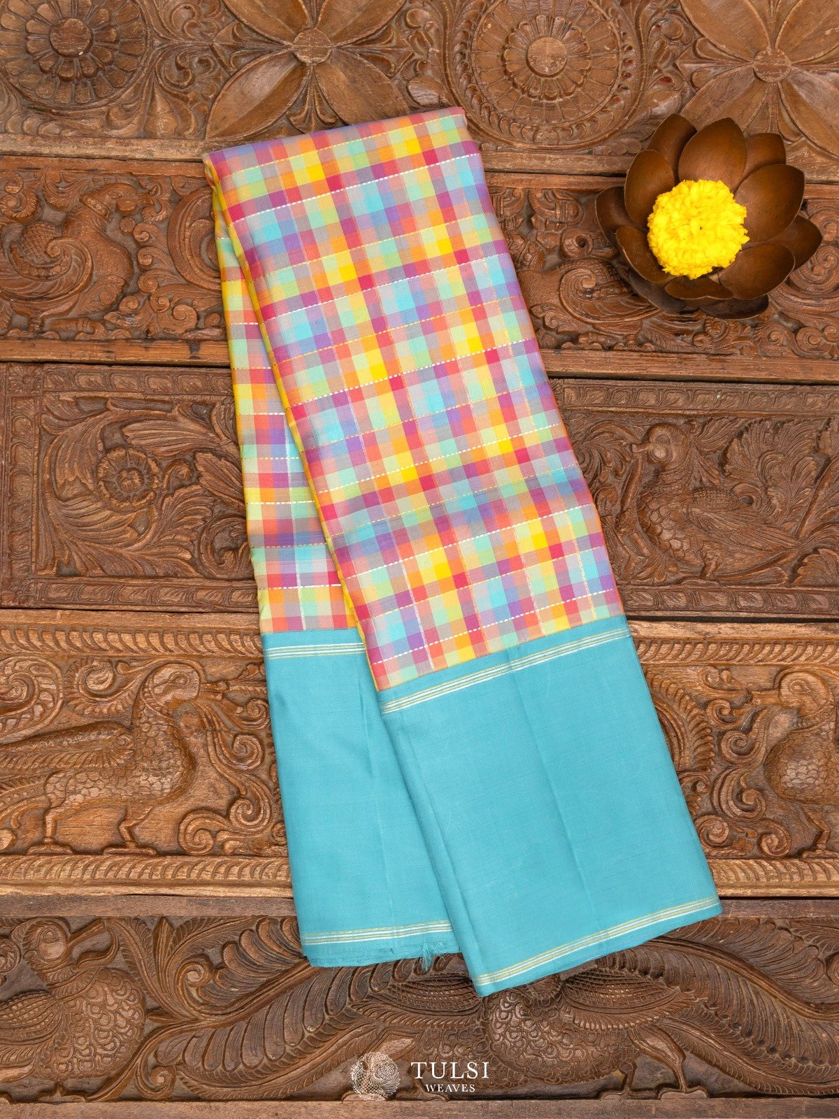 Multi Color Checked Kanjeevaram Silk Saree