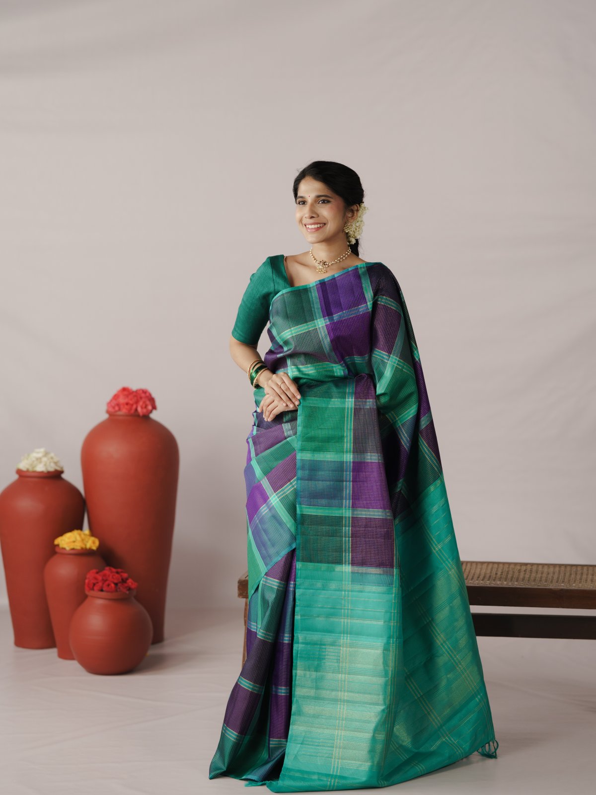 Multi Color Checked Kanjeevaram Silk Saree 