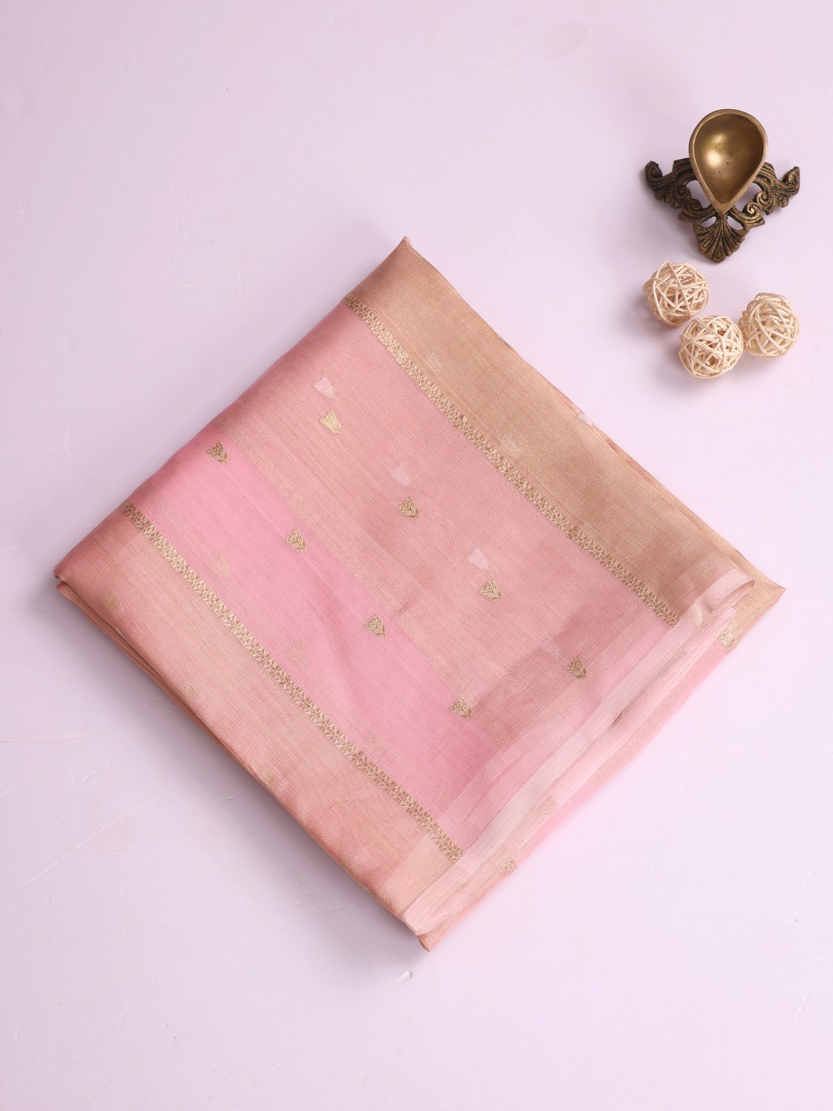 Light Pink Zari Striped Tissue Organza Silk Saree