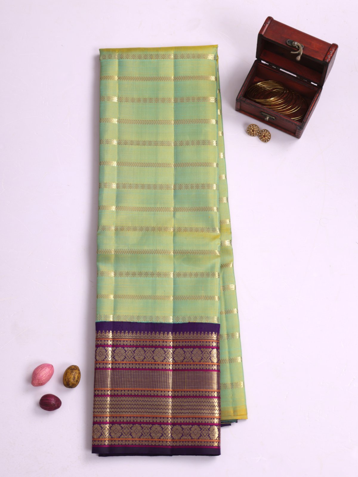 Yellowish Green Zari Striped Kanjeevaram Silk Pavadai With Dark Violet Border