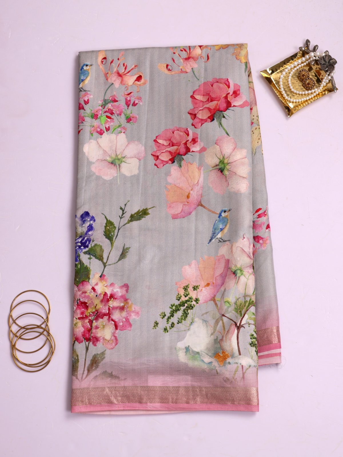 Light Grey Printed Banaras Silk Saree With Zari Border