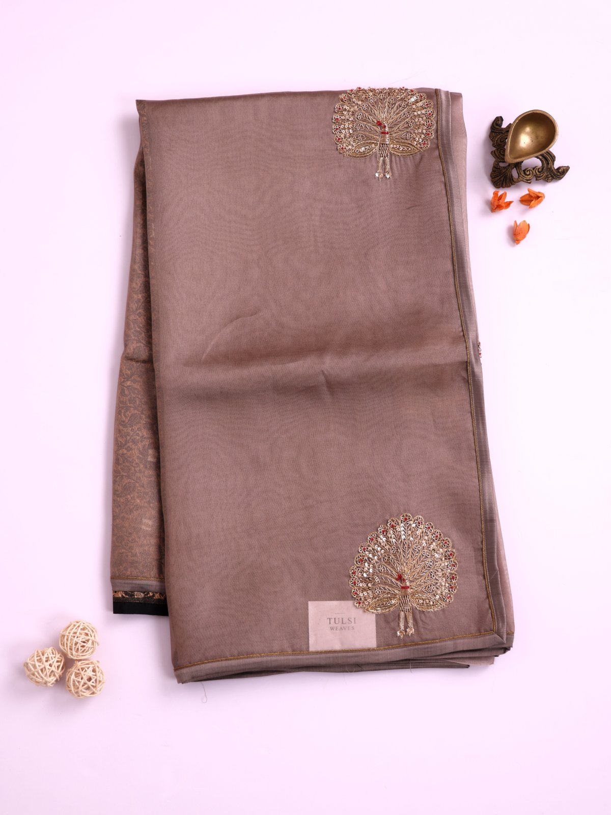 Greige Embroidered Organza Silk Saree 
