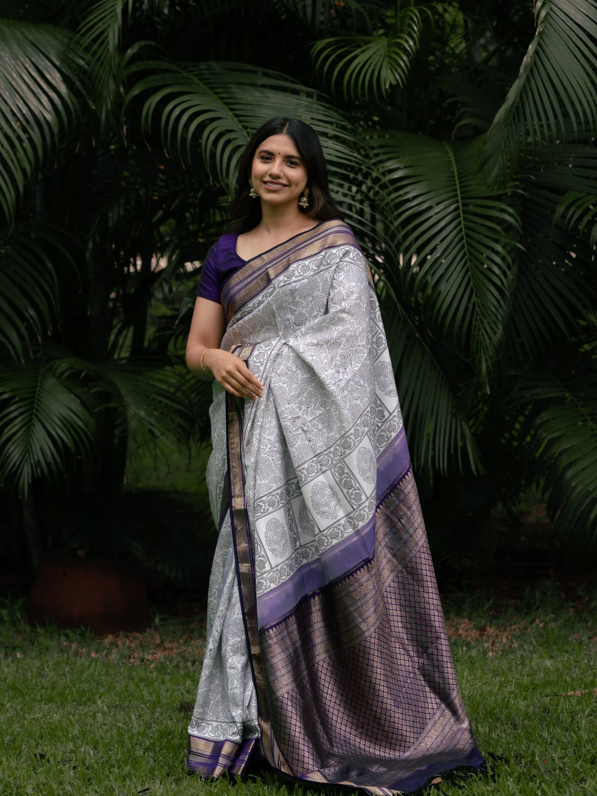Floral Blockprint Kanjeevaram Silk Saree With Deep Purple Zari Border