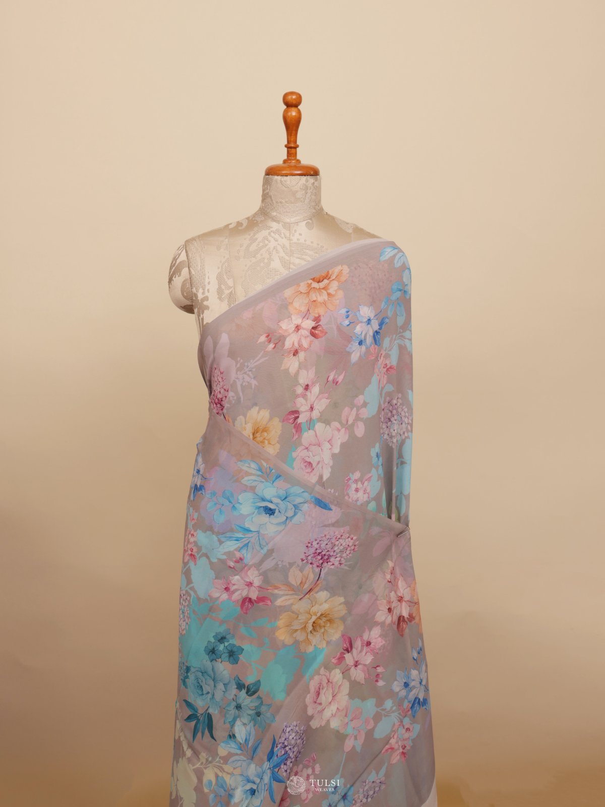 Light Grey Floral Printed Georgette Silk Saree