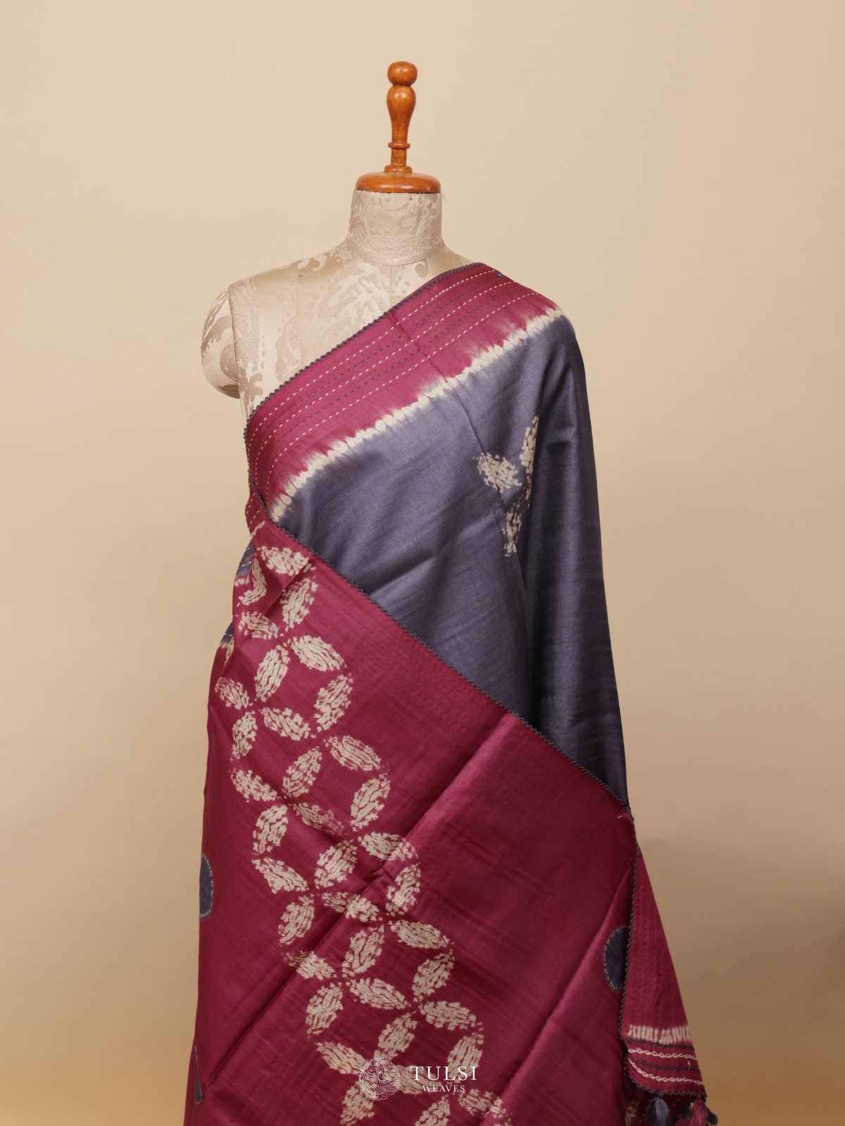 Dark Grey Shibori Tussar Silk Saree