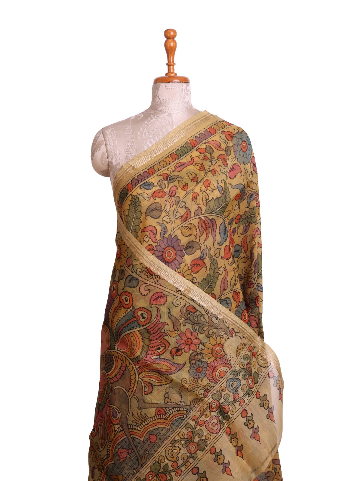 Pastel Yellow Kalamkari Printed Organza Silk Saree