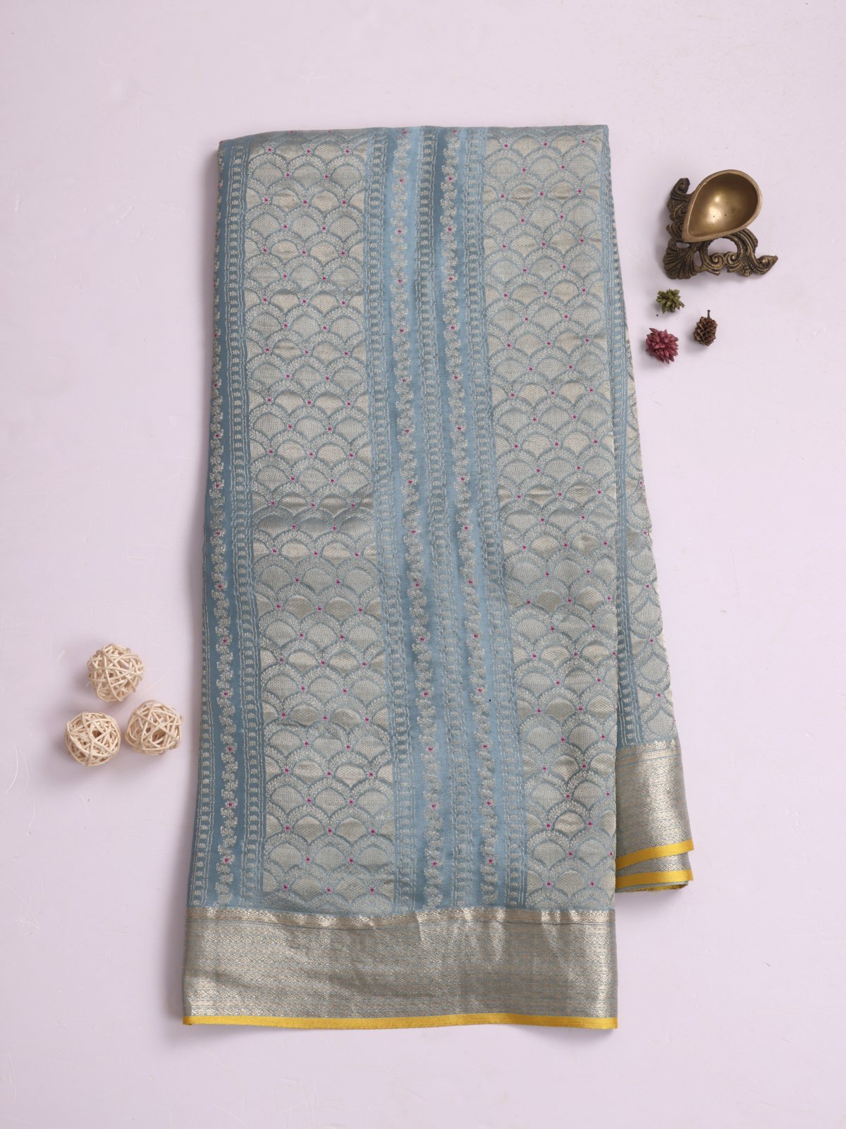Dusty Blue Banaras Crepe Silk Saree 