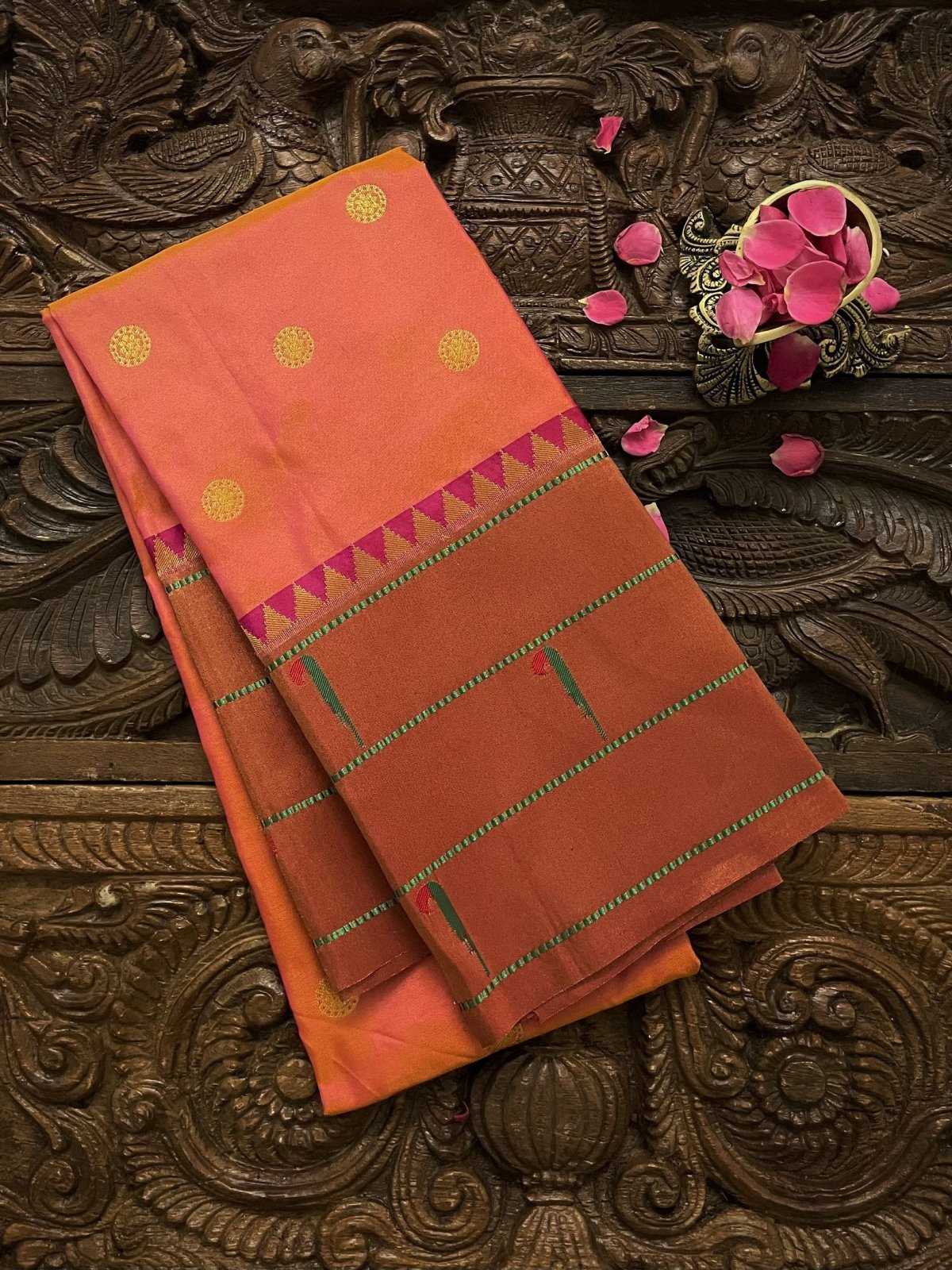 Peach Pink Paithani Silk Blouse With Temple Border