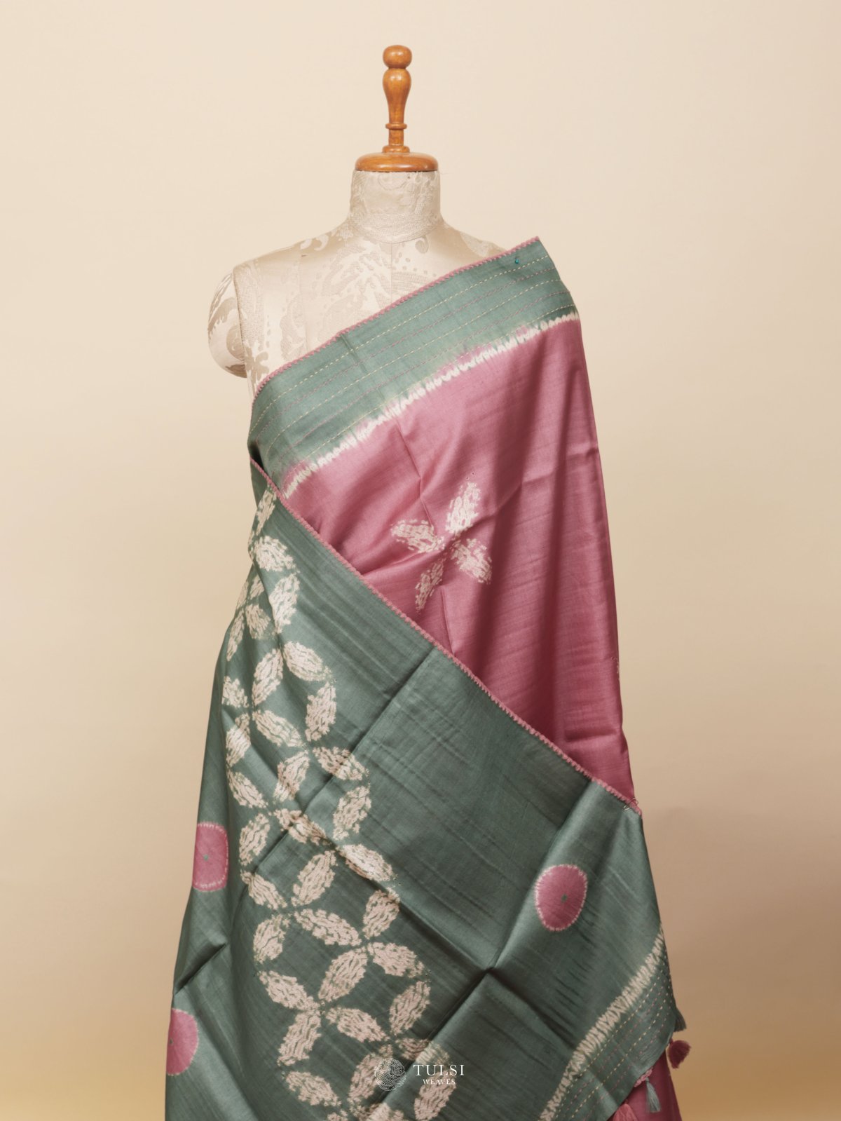 Dark Dusty Pink Shibori Tussar Silk Saree